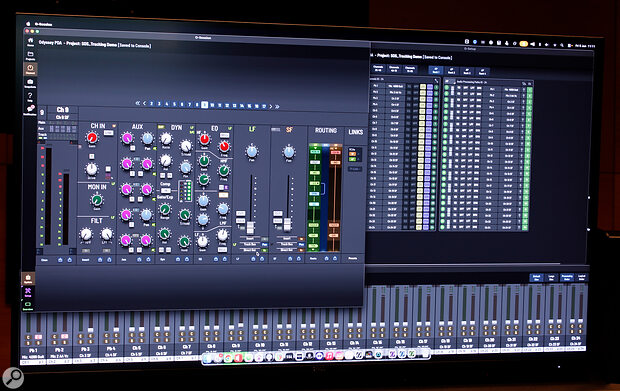 The channel processing modules and routing diagram, shown on both a channel-bay screen (above) and on the O-Control software (below).