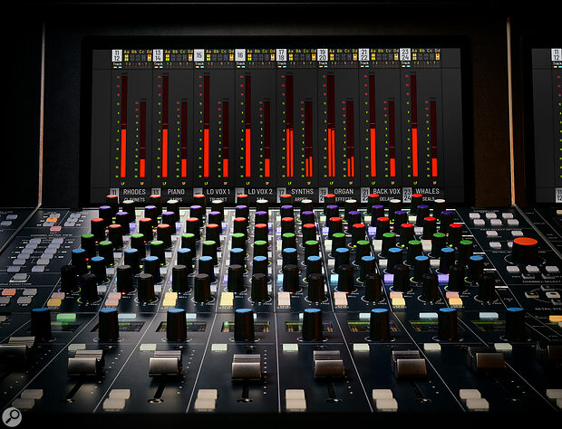 The default on‑screen bar meters, in SSL orange, align with the physical channel control strips.