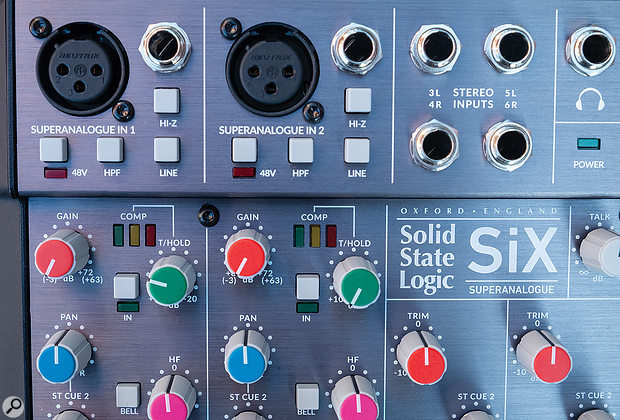 The SiX features several channels of compression, including two one-knob channel compressors, a 4:1‑ratio stereo bus compressor, and a listen-mic compressor for the talkback input — which, incidentally, can be used with a little creative routing as another mic input channel at mixdown.