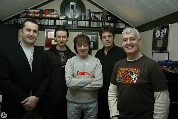 Russell Watson (second from left) and Bill Wyman (centre) both contributed their parts on the same day, in the studio of Steve Levine (far-right). Also present for this photo were keyboard player Darren Sell (left) and the song's author Mike Read (second right).