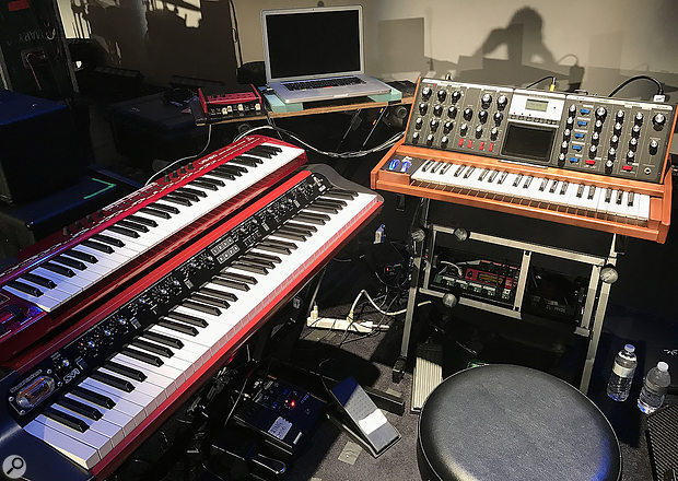 Adam Holzman’s keyboard rig, including a Korg SV1, Moog Voyager and a laptop running Apple’s MainStage software.