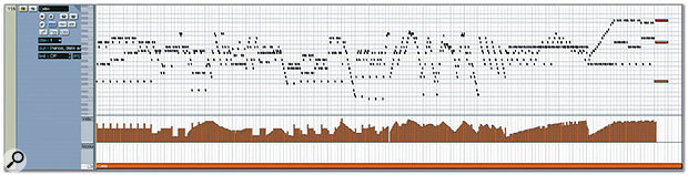 The new Edit In-Place function brings the Key Editor to the Project window, allowing you to edit the MIDI Events within a Part on the corresponding MIDI track's lane on the Project window. Notice how the Edit In-Place function also includes multiple Controller Lanes, just like the Key Editor.