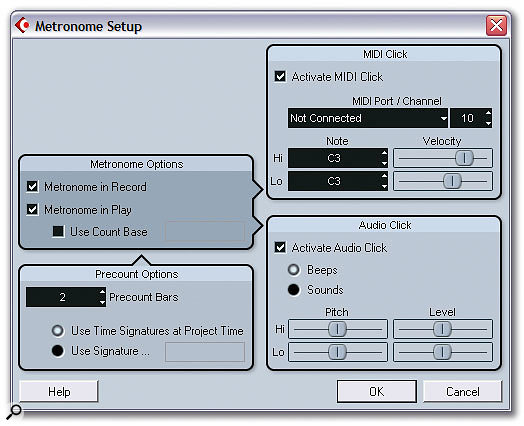 The redesigned Metronome Setup window offers pitch controls for the metronome beep or the ability to use audio samples of your choice.