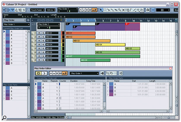 The Play Order Track is a flexible new feature in SX 3 that allows you to easily try out different arrangement ideas within a Project. Notice the Play Order Transport controls in the Play Order Editor window and on the Project window's toolbar, and the way that many of the Play Order Editor window's lists are duplicated in the Inspector.