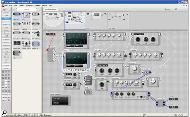 The Synth Maker window has three main areas. The Toolbox down the left-hand side offers up a selection of Modules or Primitives, which can be dragged into the Schematic window (lower right). The Navigator along the top of the Schematic window means that you always know where you are, even in a complex project.