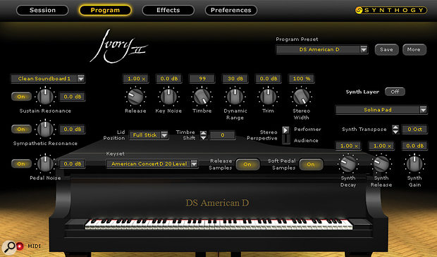 The 'Program' window contains the piano's most important controls, including global release time, pedal and key noise settings, stereo width and left-right flip, timbre (a subtle low-pass filter), dynamic range and sustain-pedal parameters.