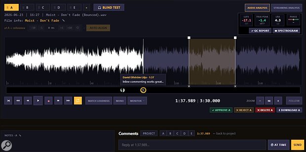 I/O Music Talkback online mix A/B/C comparison notes feedback collaboration tool