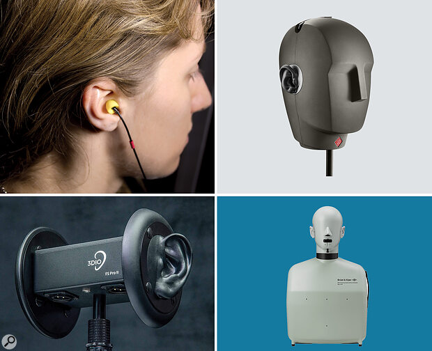 A range of mics intended to replicate the human listening experience. Clockwise from top right: the Neumann KU100 dummy head; Bruel & Kjaer’s HATS system; the 3DIO FS Pro II; and some ear‑worn mics. The last of these could potentially be the most convincing — but only for the person who wore the mics!