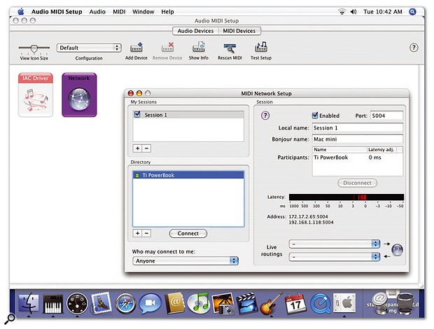 This is what the MIDI Network Setup window looks like on a Mac receiving MIDI data over a network under Tiger. The Local name also appears in the Participants list on the transmitting Mac (see the screengrab overleaf). The Latency monitor showing the timing of incoming MIDI events.