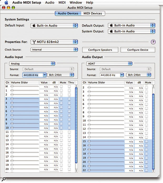 The Audio Input and Output properties for the Audio Device selected in the 'Properties For' pop-up menu are listed in the lower part of the Audio MIDI Setup application's Audio Devices page. Notice how the background for the channels contained in currently selected input and output Streams are highlighted with a blue background: using a MOTU 828 MkII, the Analogue stream is selected for the Input and the ADAT stream is selected for the Output.