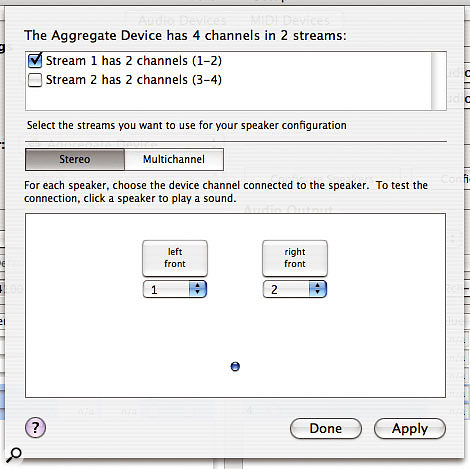 The Configure Speakers sheet enables you to specify what outputs on your Audio Device are used by applications that output audio to Mac OS X's stereo or multi-channel speaker arrangement. Notice how multiple Streams can be selected in the upper part of the sheet if the Audio Device has multiple Streams, as you can see here for an Aggregate Device.