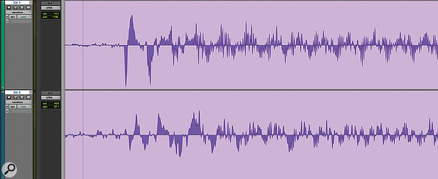 Sometimes inspecting the waveform reveals no obvious starting point for time-alignment, even in cases like this where the same guitar has been recorded through two amps.