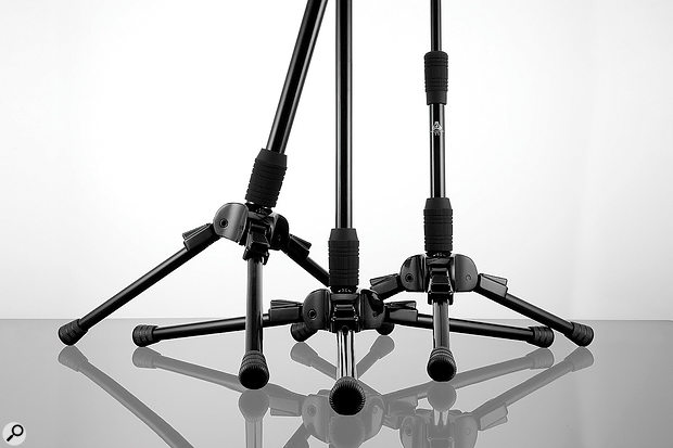 The low centre of gravity and locking mechanisms enable the stands to be tilted forwards, allowing you to mic drums, for instance, without needing a boom.