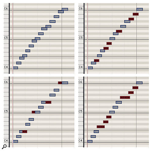 You can perform your own authentic-sounding harp glissandos by playing a quick sweep up or down the keyboard white notes, then editing the notes to the right pitches for your music, as shown in these examples. Top left: Example 1. original white-note glissando (C, D, E, F, G, A, B). Top right: Example 2. Notes edited to C minor scale (C, D, Eb, F, G, Ab, Bb). Bottom left: Example 3. Major pentatonic scale of C, D, E, G and A. Bottom right: Example 4. Whole tone scale (C, D, E, F#, G#, A#). Edited notes are marked in red.