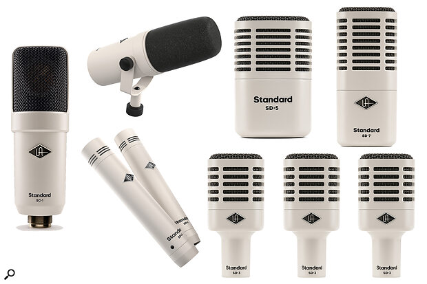 Clockwise from left: Universal Audio SC-1, SD-1, SD-5, SD-7, SD-3 triple pack, pair of SP-1 pencil microphones.