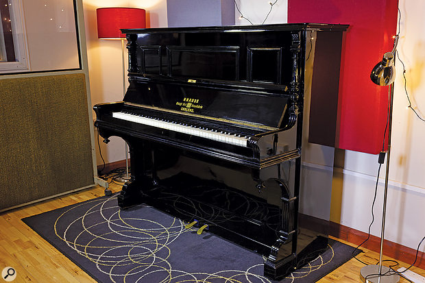 The author's Knauss Coblenz, a century-old underdamped, overstrung piano, in its usual corner of Cambridge's Half‑Ton Studio.