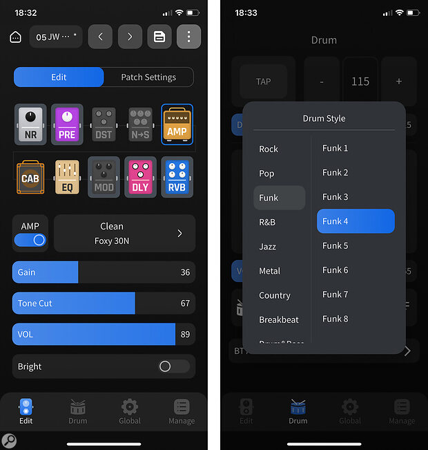The free‑to‑download mobile app is an essential part of the overall GP‑5 package. It includes a good selection of drum loops for personal practice, and these can be streamed to the GP‑5 via Bluetooth.