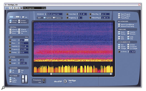 Vertigo's spectral view uses colour intensity to represent the loudness of each harmonic. The contour in the lower section allows level changes to be drawn onto individual partials.