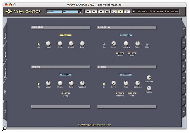 Cantor's built-in effects include distortion, chorus, delay and global reverb.