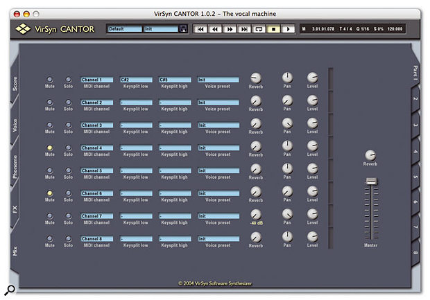 A simple mixer allows you to adjust the level, pan and reverb send for each of the eight monophonic voices in an instance of Cantor, and to specify which MIDI channel they will respond to.