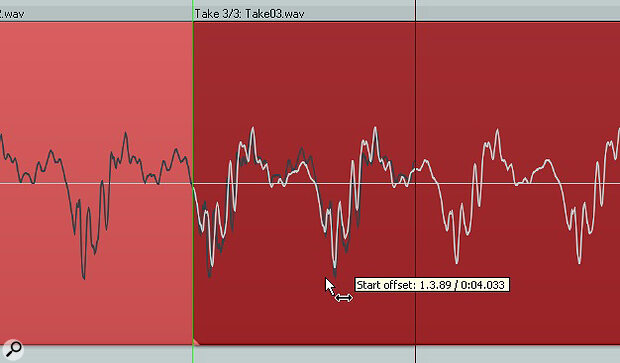 Now you can see that I’ve dragged the latter audio region to line up the waveforms...