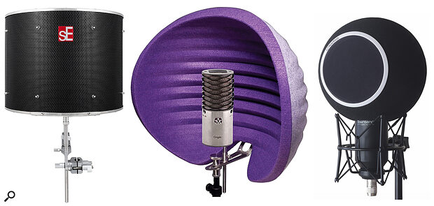 Reflection filters can help limit the amount of vocal sound that escapes into the room as ambience. Options include the original sE Electronics Reflexion Filter (left), the Aston Halo (centre) and the Kaotica Eyeball (right).