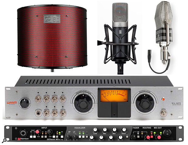 Clockwise from top left: sE Electronics Reflexion Filter Pro, Slate Digital ML-1A, Warm Audio WA-44, Warm Audio WA-MPX, Harrison 32Classic Mix Strip.