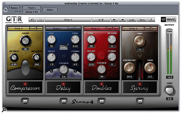 GTR effects and processors are loaded into the Waves Stomp 'virtual pedalboard' plug-ins.