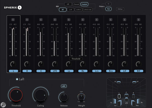 The limiter has fewer controls but adheres to the same approach, with linkable channel groups.