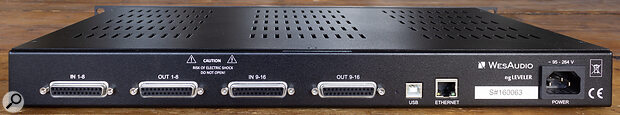 Balanced audio I/O are provided on DB25 connectors, and the ngLeveler can communicate with a computer over USB or Ethernet.