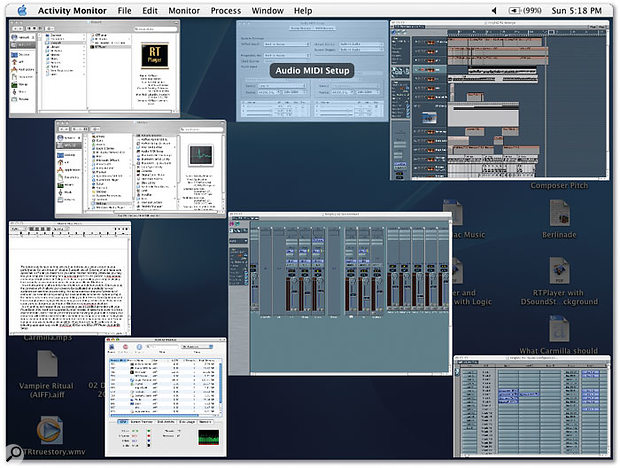 Exposé in action, with the F9 key depressed — all your open OS X windows arrange and scale themselves so that they can be viewed with no overlaps. If you have a lot of windows open, this means that the individual windows appear rather small, but moving the mouse over any of the windows brings up a label so you can still identify them easily, whatever their size (see the Audio MIDI Setup window in the middle at the top of the screen).