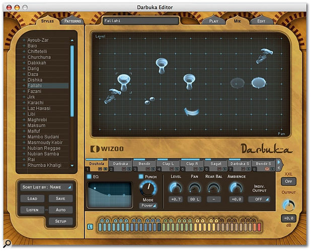 The Mix page (here from Darbuka) illustrates the excellent Stage graphic, here set to offer draggable control over pan and level. The shaded drum (a bendir) is muted in the track list below. Note also the individual track parameters; the ones here are those for the selected douhola.