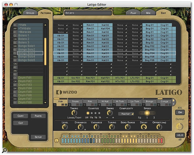 In the Edit window, Grooves are assigned to MIDI notes to form triggerable patterns; individual track offsets are also accessed below.