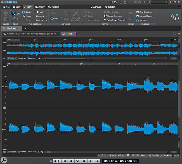 The main Audio Editor/Audio Montage panel includes the new tabbed dynamic ribbon toolbar for easy access to Wavelab’s huge array of editing tools.