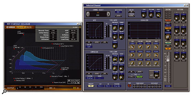 The REVX 'Hall' reverb in the AE031 Reverb package (above), as seen in version 2 of Studio Manager, and (right) the detailed mixer channel view from the same application.