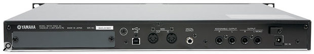 The rear panel of the Rack XS features a PSU input socket, a pair of stereo outputs and two assignable outputs, S/PDIF output, MIDI In and Out, a USB port and an expansion slot for an optional mLAN board, should you need additional outputs.