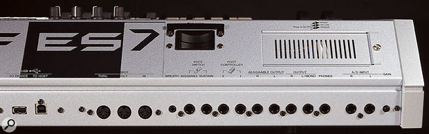 There's connectivity galore on the Motif ES: two USB ports, three five-pin MIDI connections, dual footswitch and pedal inputs, twin stereo analogue outputs (one main pair, and one assignable), headphones connection, and a stereo analogue input with associated gain control. There's no SCSI. The Smart Media slot and blanking panel houses up to three optional PLG sound-expansion boards.