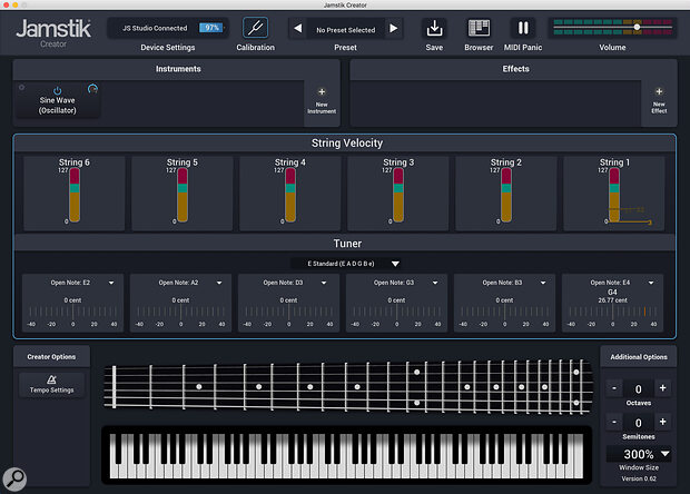 String velocity and tuning can be programmed individually.