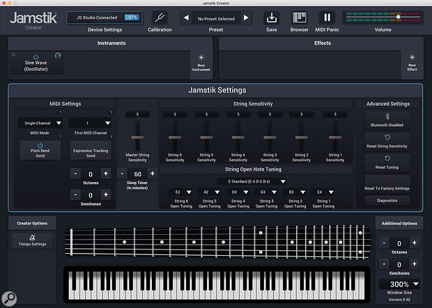 Jamstik Creator app is where you adjust parameters such as pitch bend, string sensitivity and open note tuning