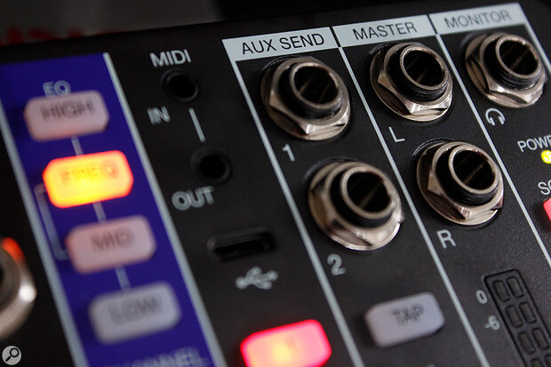 There are two aux sends, which can be set to operate pre‑ or post‑fader.