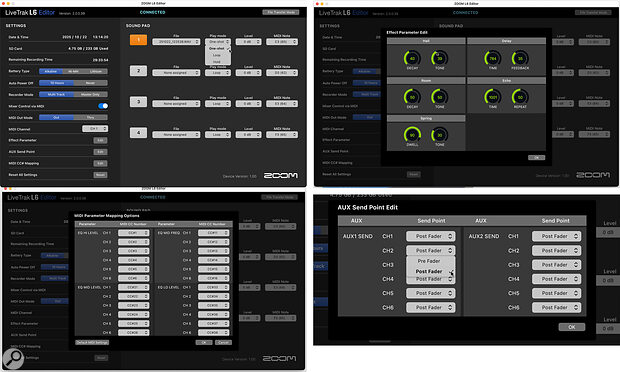 The LiveTrak 6 Editor software offers a range of useful functions, from managing the Sound Pads to changing the aux send point, tweaking the effects parameters and assigning MIDI control.