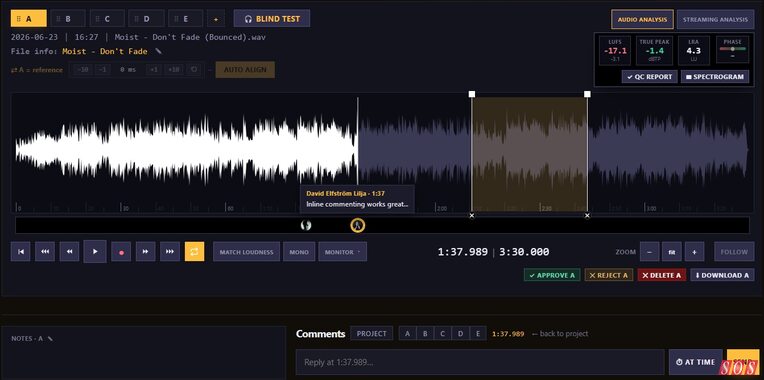 I/O Music Talkback online mix A/B/C comparison notes feedback collaboration tool