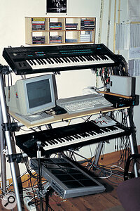 Ola's main keyboard and sequencing A‑frame, containing a Yamaha DX7, Atari ST, and Korg Wavestation.