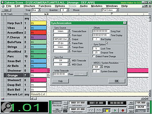 Putting an extra bar before the music data starts allows you to enter extra MIDI data so that each track is properly initialised. In Cubase, the Synchronisation options allow you to enter an offset for the Time and Bar displays, so you can still start your music at bar one, beat one as before, and with the time correctly shown starting at 00:00:00:00. Notice the extra track for setting up effect units.