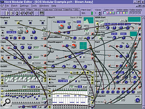 Figure 1 — A typical patch in the Nord Modular's editing software. The tabs for module type selection are at the top on the left, while the actual modules are in the line beneath. On the right, you can see the DSP load meter, cable colour view selector switches, and morph view selector buttons (more on morphing next month!). If this patch looks complex, bear in mind that it still only uses up 56% of the available DSP resources.