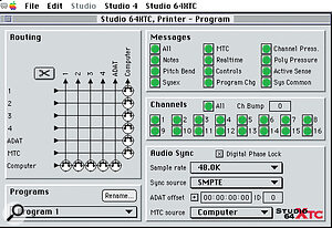 The Program Edit window in the Studio 64XTC's bundled editing software (seen here running on an Apple Mac). The Connection Grid is visible on the left, and the various Audio Sync settings can be seen on the right.