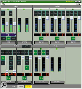 The new Echo Consolle for the Darka, Gina, and Layla soundcards makes monitoring and metering a lot easier. Inputs are top left (with associated monitoring routing functions beneath) and outputs are on the right.