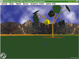 The Aureal 3D Positional Audio is well demonstrated by the included demos. In this one, you can move about in a simulated 3D environment, while several bees fly around a hive, to the accompaniment of birdsong and running water.