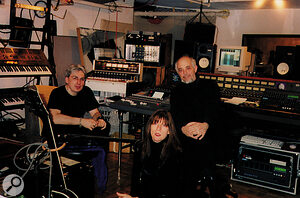 Blondie founder member Chris Stein, left, with Craig Leon and Leon's wife and assistant Cassell Webb, (a recording artist in her own right). Also visible are Stein's MCI desk, Leon's RADAR and O2R, and other equipment including a Roland JD800 and JP8000.