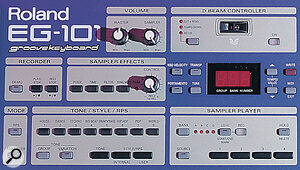 The EG101's basic Recorder, left, allows you to sequence preset patterns and record solo parts, but has no facilities for overdubbing; the D‑Beam controller, top right, is similar to that on the MC505, while the sampler, bottom right, offers a maximum sample time of 32 seconds at 31.25kHz.